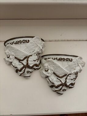Ornate White Wall Pockets with Gold Trim - Home Accents Decor